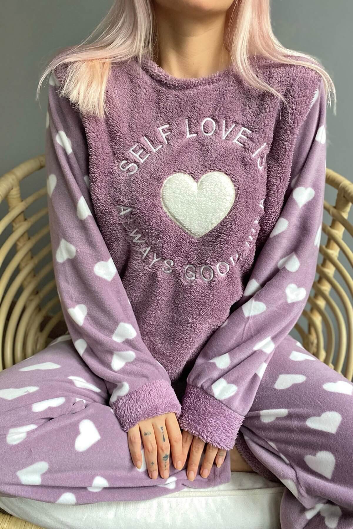 Mor Self Love Desenli Kadın Peluş Pijama Takımı - 5