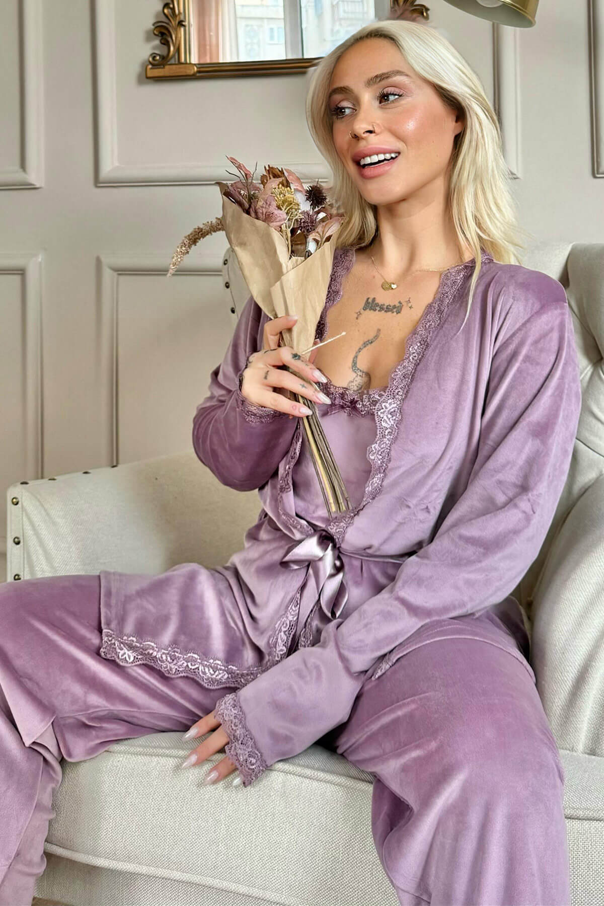 Mor Violet Exclusive Kadife Sabahlıklı Kadın Pijama Takımı  - 1