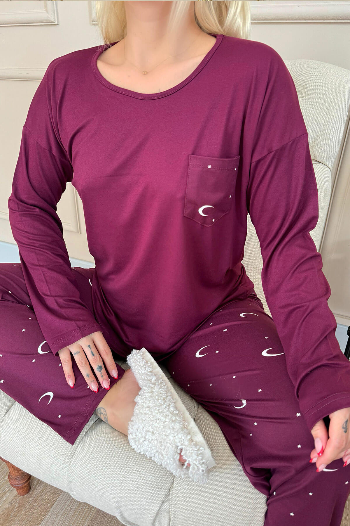 Mürdüm Ay Yıldız Desenli Bambu Uzun Kol Kadın Pijama Takımı - 5