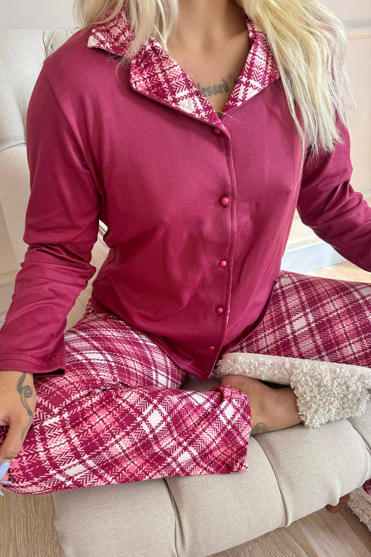 Mürdüm Cymru Desenli Termal Önden Düğmeli Kadın Pijama Takımı - 5