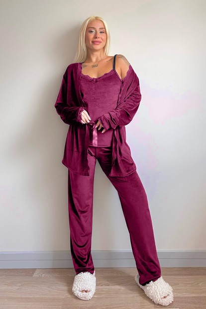 Mürdüm Garnet Exclusive Kadife Sabahlıklı Kadın Pijama Takımı  - 5