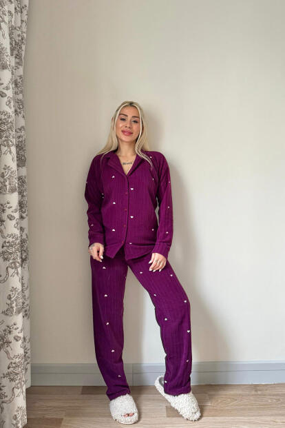 Mürdüm Jantung Desenli Önden Düğmeli Peluş Polar Pijama Takımı - 6