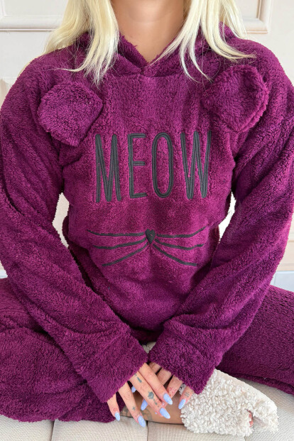 Mürdüm Meow Desenli Tam Peluş Pijama Takımı - 7