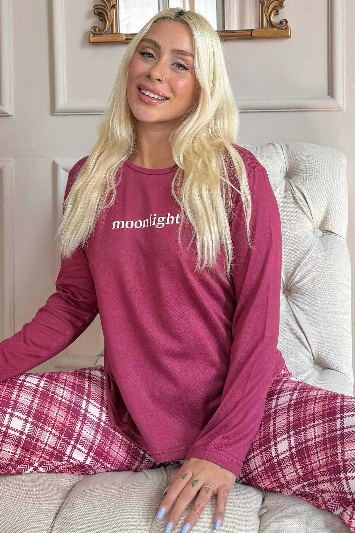 Mürdüm Moonlight Desenli Termal Kadın Pijama Takımı - 1