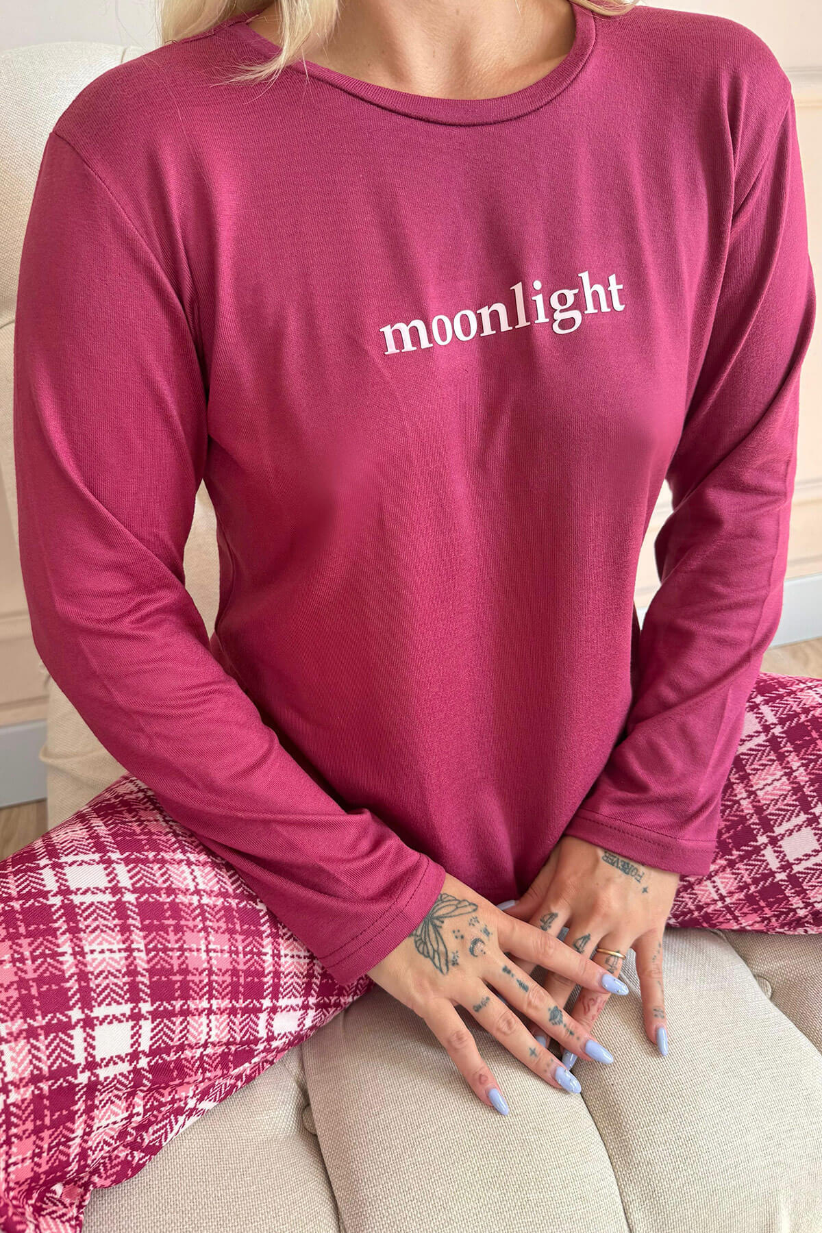 Mürdüm Moonlight Desenli Termal Kadın Pijama Takımı - 5