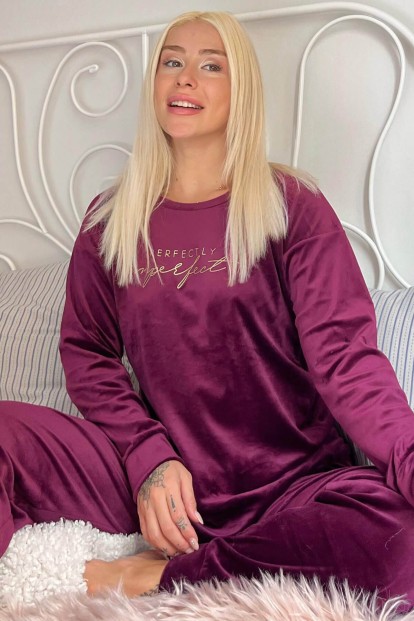 Mürdüm Perfectly Desenli Exclusive Kadife Kadın Pijama Takımı  