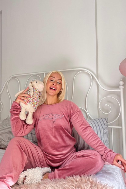 Pembe Beautiful Desenli Exclusive Kadife Kadın Pijama Takımı  - 2