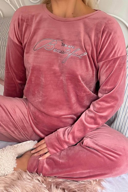 Pembe Beautiful Desenli Exclusive Kadife Kadın Pijama Takımı  - 4