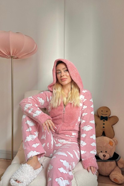 Pembe Bulut Desenli Kadın Polar Peluş Tulum Pijama Takımı - 3