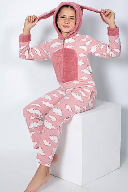 Pembe Bulut Desenli Kız Çocuk Polar Peluş Tulum Pijama - 1