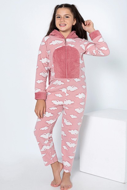 Pembe Bulut Desenli Kız Çocuk Polar Peluş Tulum Pijama - 2