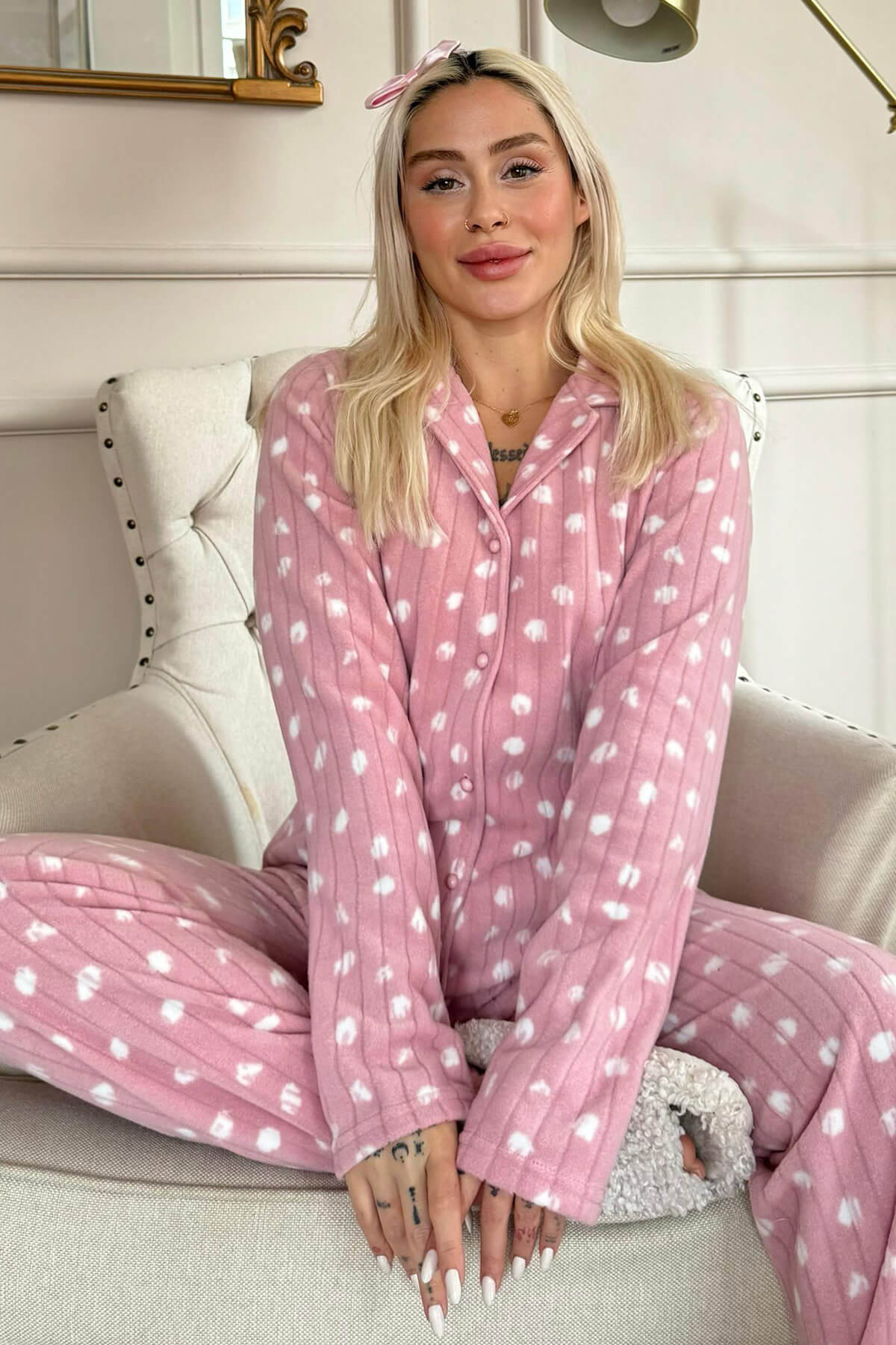 Pembe Debesis Desenli Önden Düğmeli Peluş Polar Pijama Takımı - 1