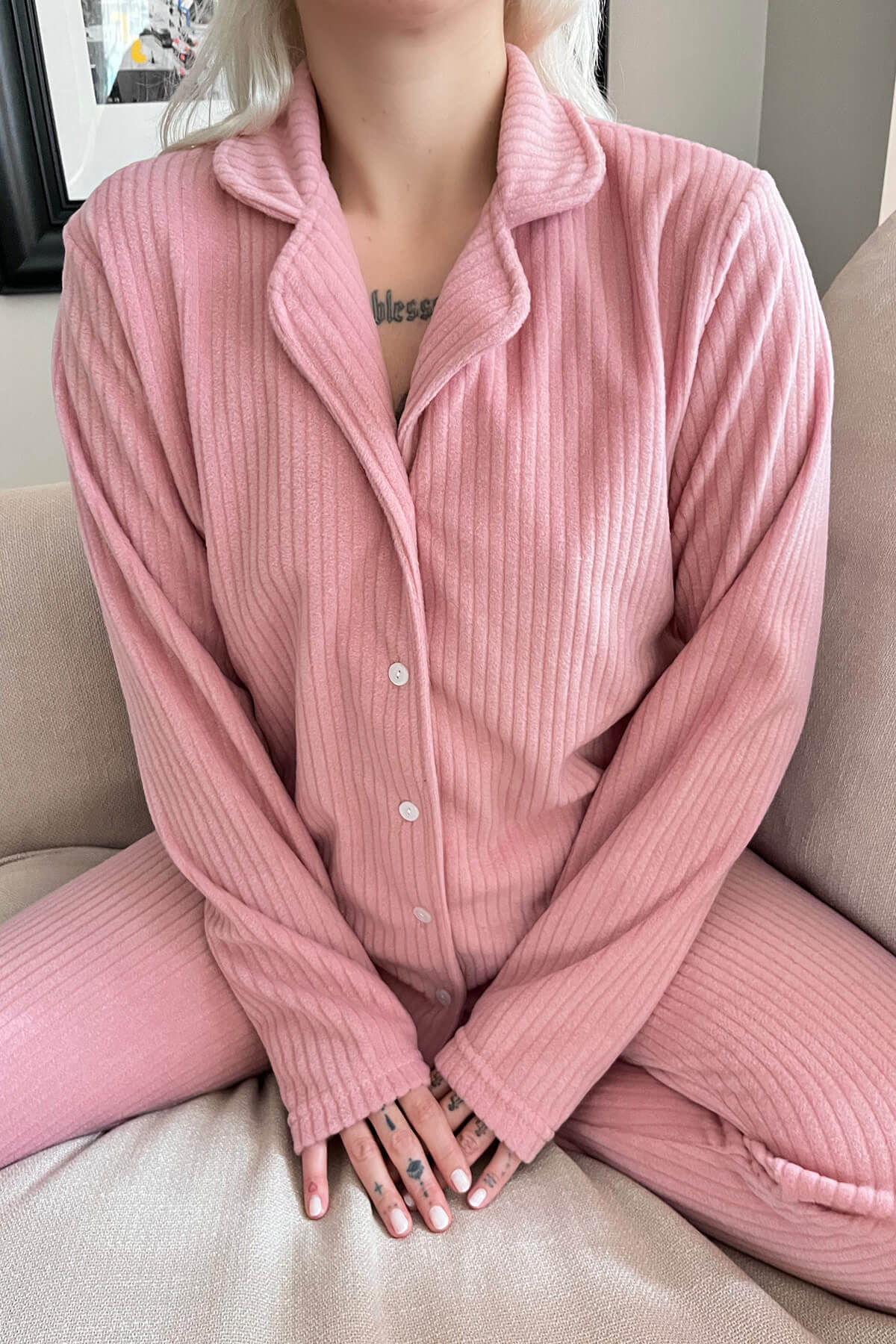 Pembe Düz Önden Düğmeli Peluş Polar Pijama Takımı - 4