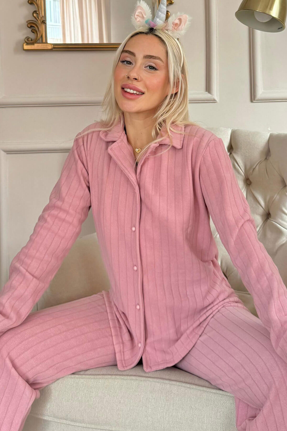 Pembe Düz Önden Düğmeli Peluş Polar Pijama Takımı - 1