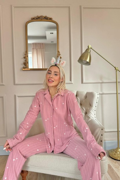 Pembe Eclipse Desenli Önden Düğmeli Peluş Polar Pijama Takımı - 2