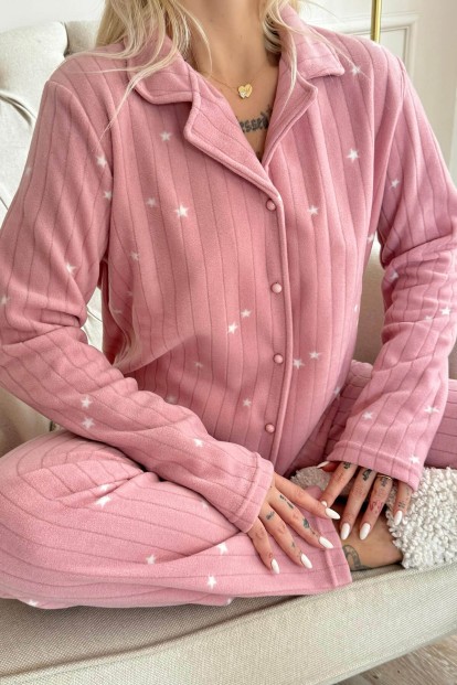 Pembe Eclipse Desenli Önden Düğmeli Peluş Polar Pijama Takımı - 5