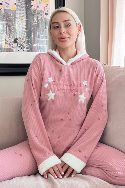 Pembe Everyday Magic Desenli Kapşonlu Peluş Polar Pijama Takımı 