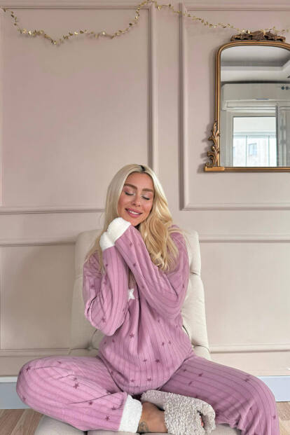 Pembe Everyday Magic Desenli Kapşonlu Peluş Polar Pijama Takımı - 3