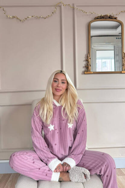 Pembe Everyday Magic Desenli Kapşonlu Peluş Polar Pijama Takımı - 4