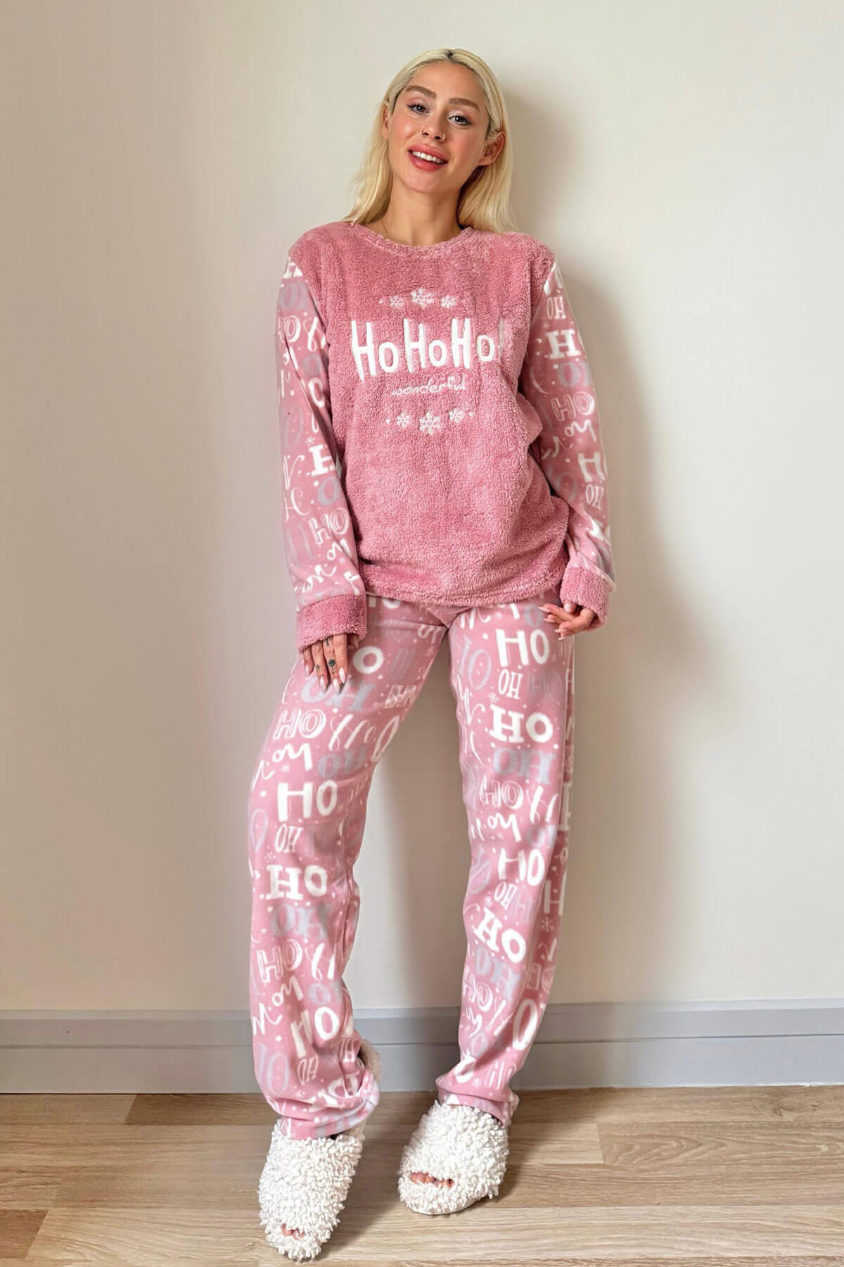 Pembe Hoho Desenli Kadın Peluş Pijama Takımı - 5