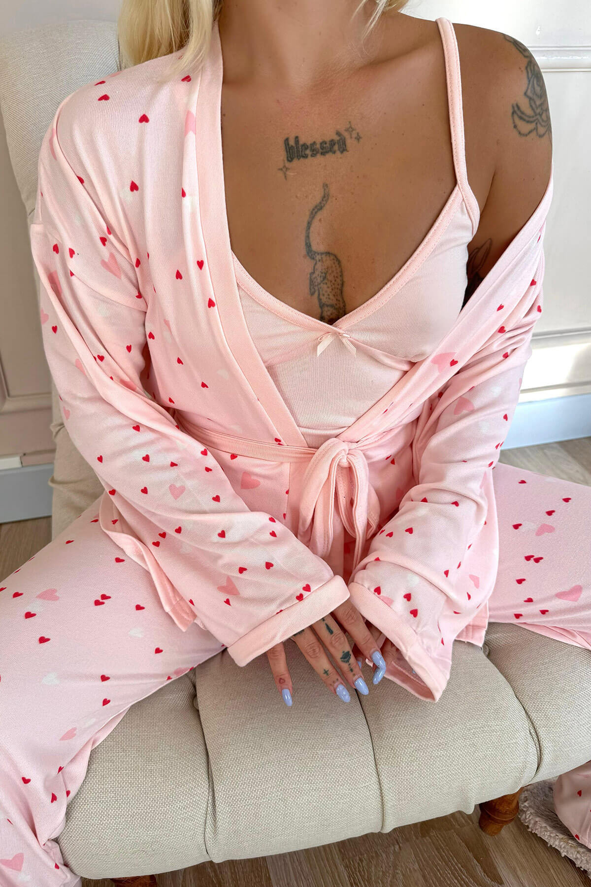 Pembe Kalp Desenli Termal Sabahlıklı Kadın Pijama Takımı - 5