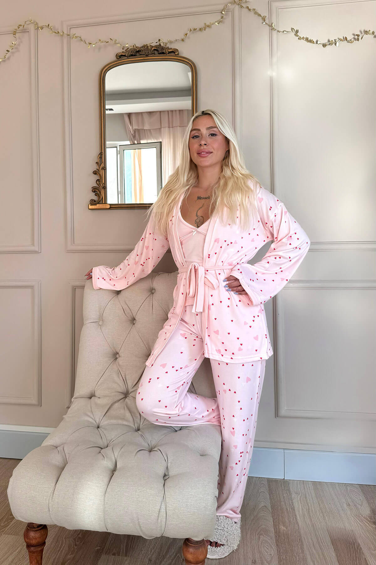 Pembe Kalp Desenli Termal Sabahlıklı Kadın Pijama Takımı - 6