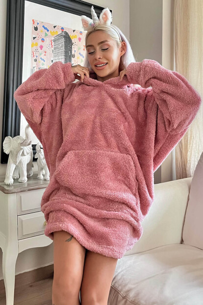 Pembe Kapşonlu Tam Peluş Oversize Sweat Panço Pijama 