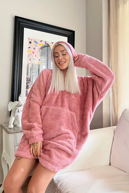 Pembe Kapşonlu Tam Peluş Oversize Sweat Panço Pijama - 2