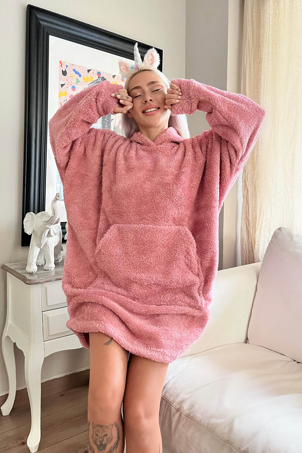 Pembe Kapşonlu Tam Peluş Oversize Sweat Panço Pijama - 3