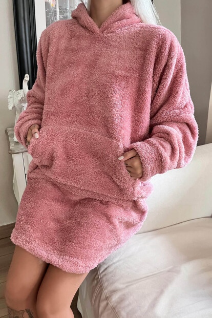 Pembe Kapşonlu Tam Peluş Oversize Sweat Panço Pijama - 5