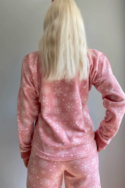 Pembe Kartanesi Desenli Kadın Peluş Pijama Takımı - 5