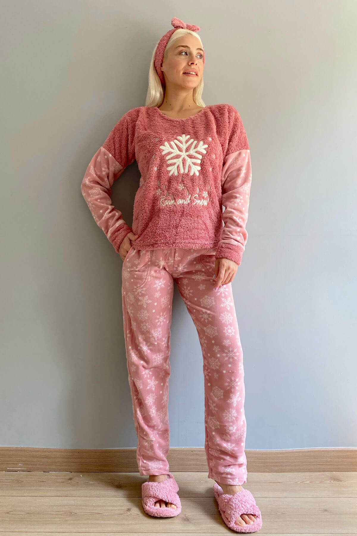 Pembe Kartanesi Desenli Kadın Peluş Pijama Takımı - 6