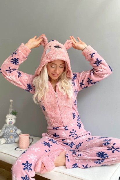 Pembe Kartanesi Desenli Kadın Polar Peluş Tulum Pijama - 3