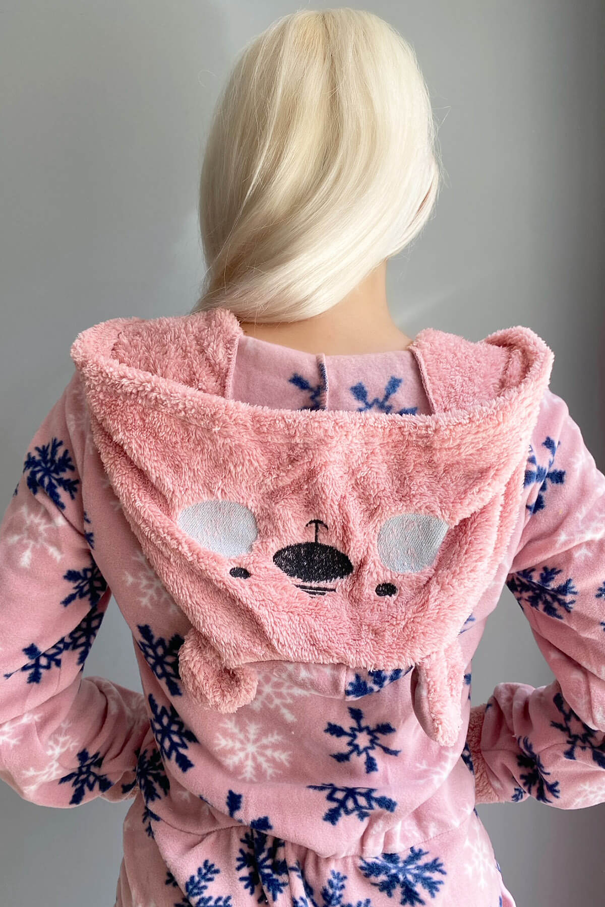 Pembe Kartanesi Desenli Kadın Polar Peluş Tulum Pijama - 6