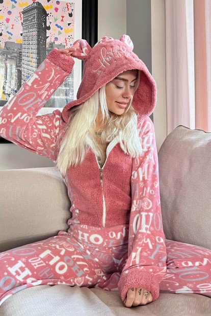 Pembe Laugh Desenli Kadın Polar Peluş Tulum Pijama Takımı 