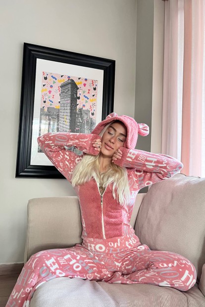 Pembe Laugh Desenli Kadın Polar Peluş Tulum Pijama Takımı - 2