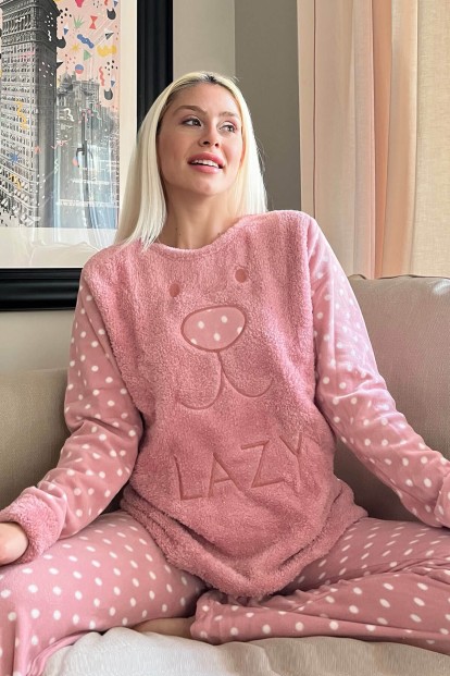 Pembe Lazy Desenli Kadın Peluş Pijama Takımı 