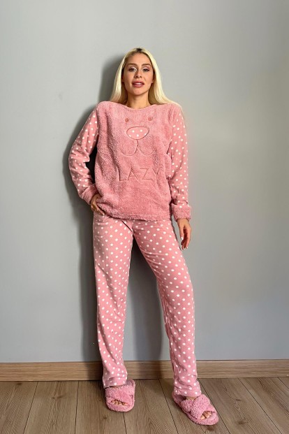 Pembe Lazy Desenli Kadın Peluş Pijama Takımı - 4