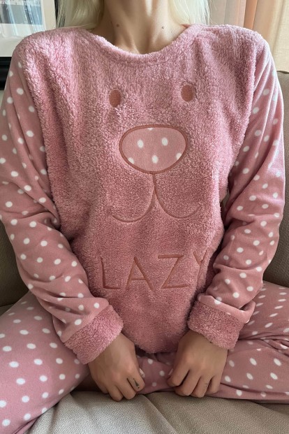 Pembe Lazy Desenli Kadın Peluş Pijama Takımı - 5