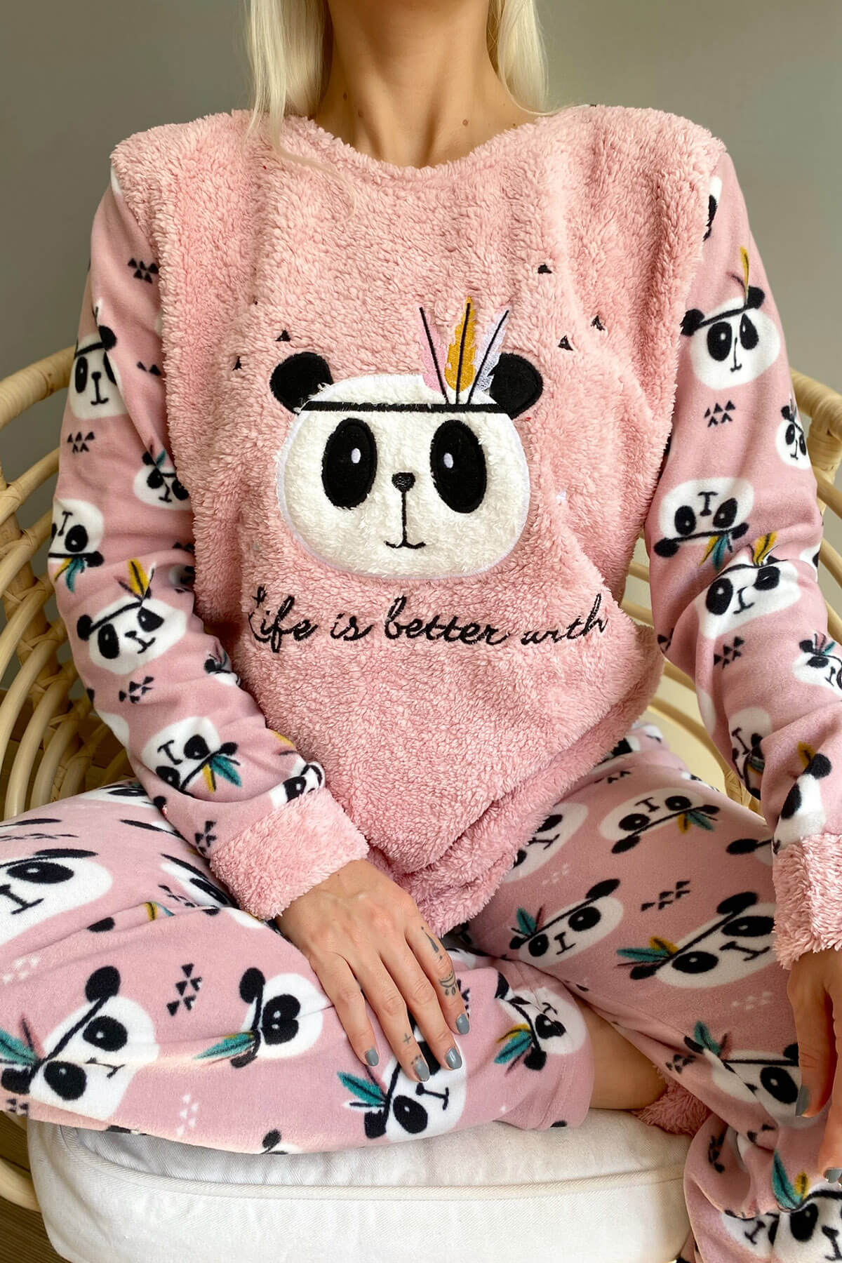 Pembe Life Panda Desenli Kadın Peluş Pijama Takımı - 3