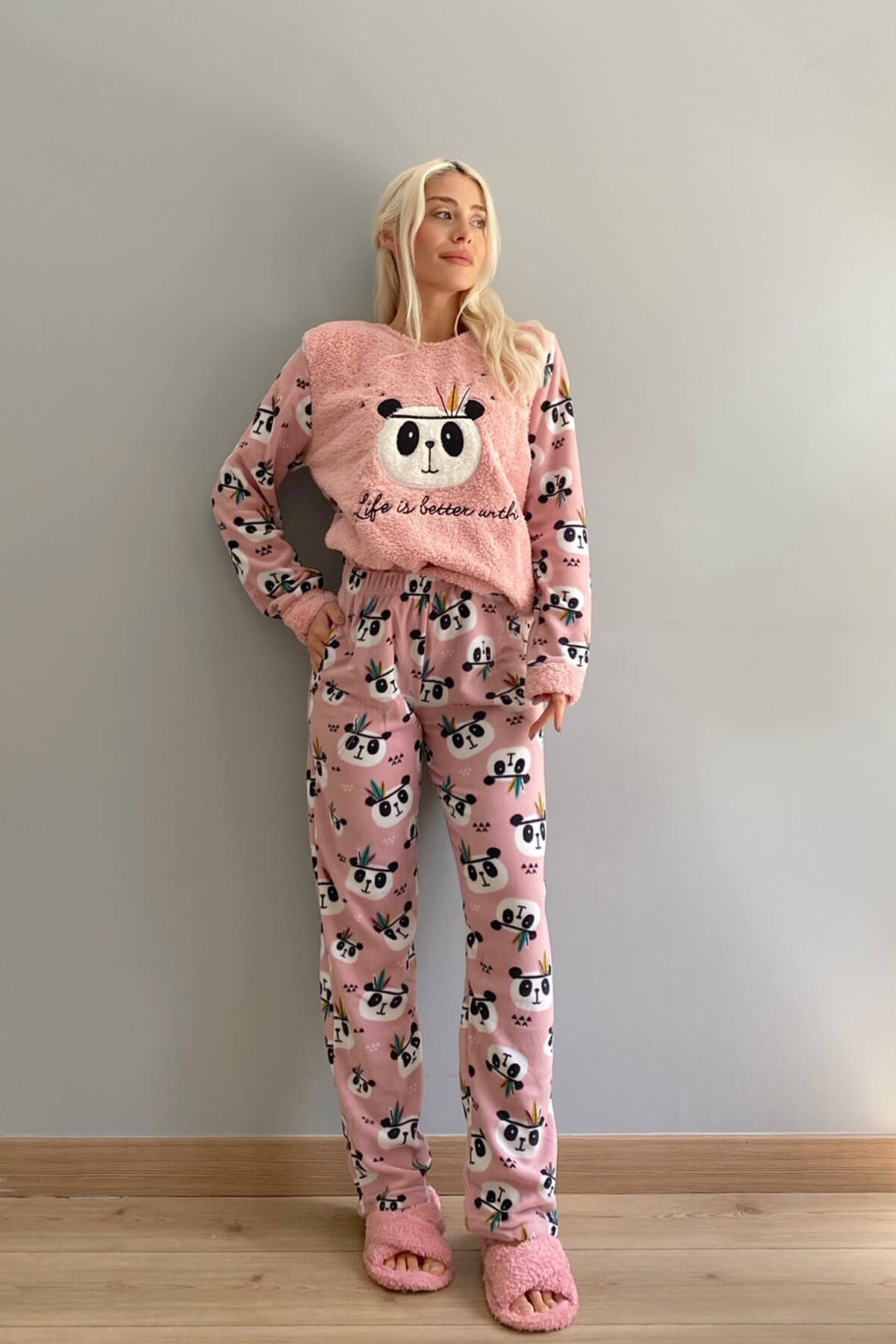 Pembe Life Panda Desenli Kadın Peluş Pijama Takımı - 5