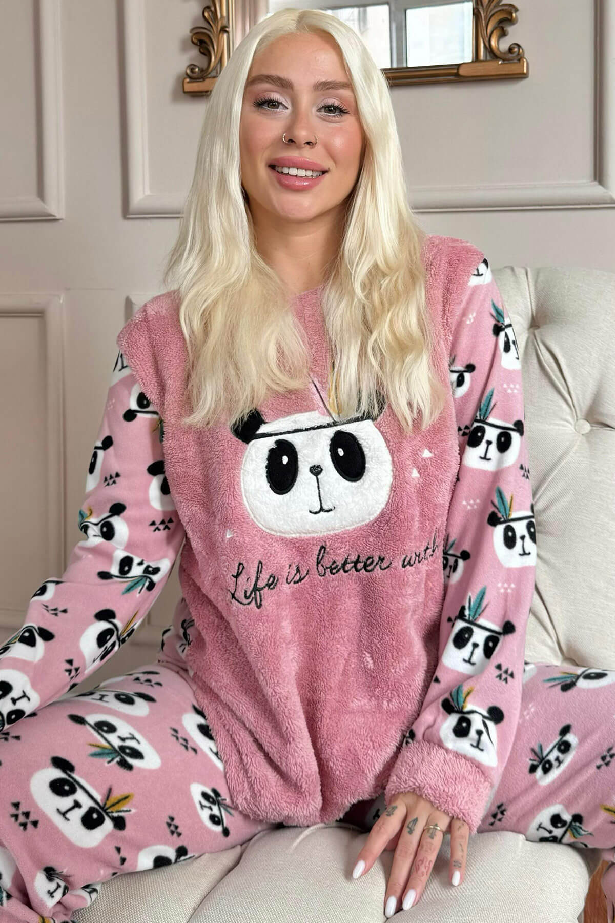 Pembe Life Panda Desenli Kadın Peluş Pijama Takımı - 1