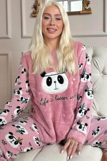 Pembe Life Panda Desenli Kadın Peluş Pijama Takımı 