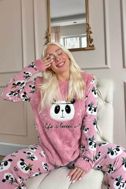 Pembe Life Panda Desenli Kadın Peluş Pijama Takımı - 2