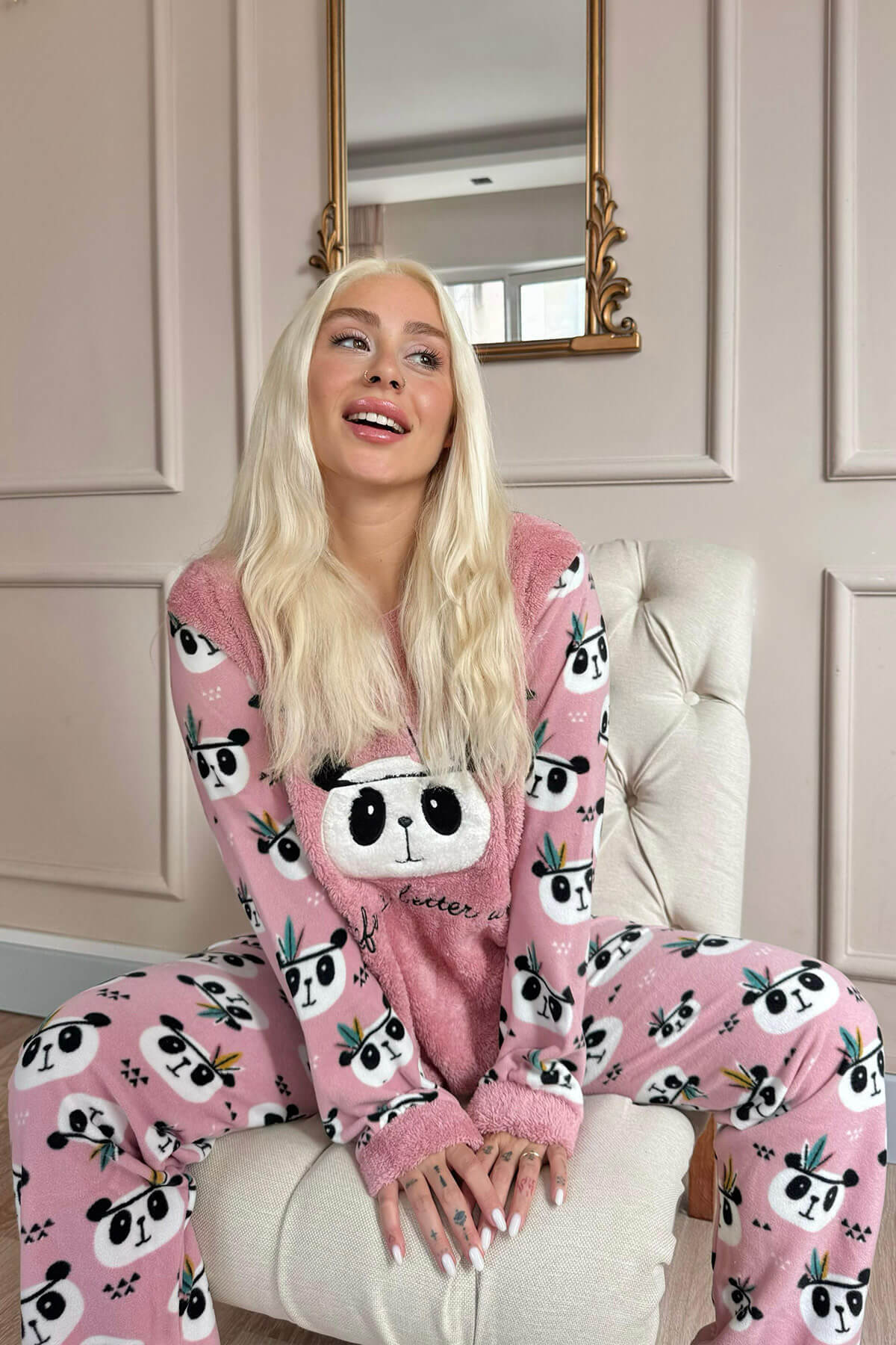 Pembe Life Panda Desenli Kadın Peluş Pijama Takımı - 3