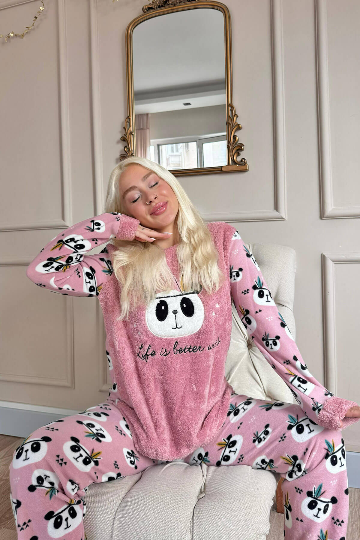 Pembe Life Panda Desenli Kadın Peluş Pijama Takımı - 4