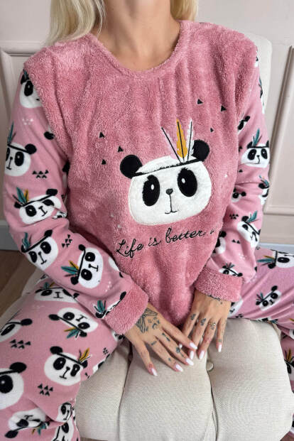 Pembe Life Panda Desenli Kadın Peluş Pijama Takımı - 5