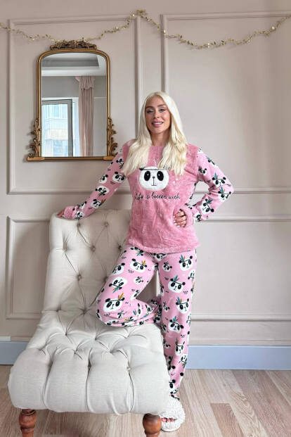 Pembe Life Panda Desenli Kadın Peluş Pijama Takımı - 6