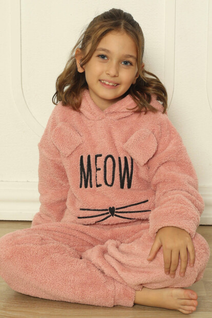 Pembe Meow Desenli Tam Peluş Kız Çocuk Pijama Takımı - 1