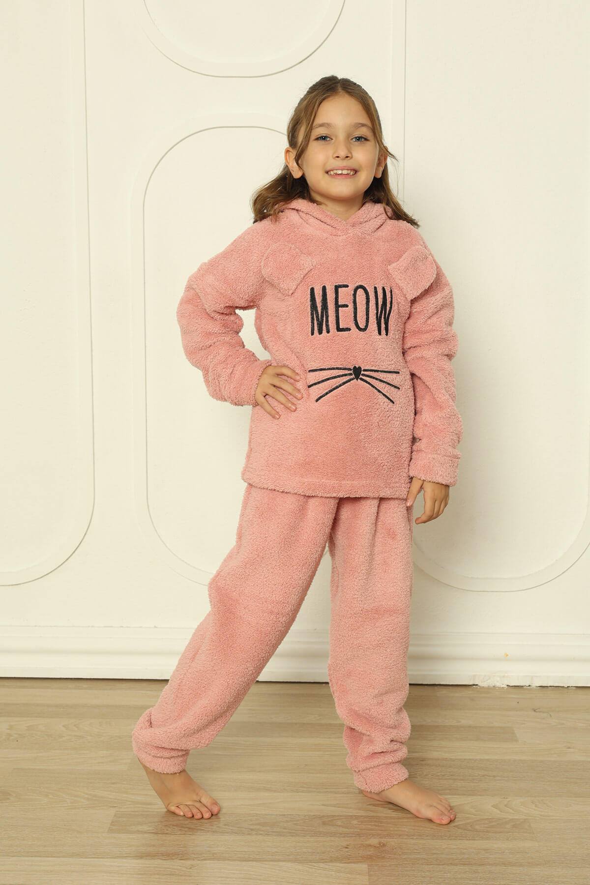 Pembe Meow Desenli Tam Peluş Kız Çocuk Pijama Takımı - 3